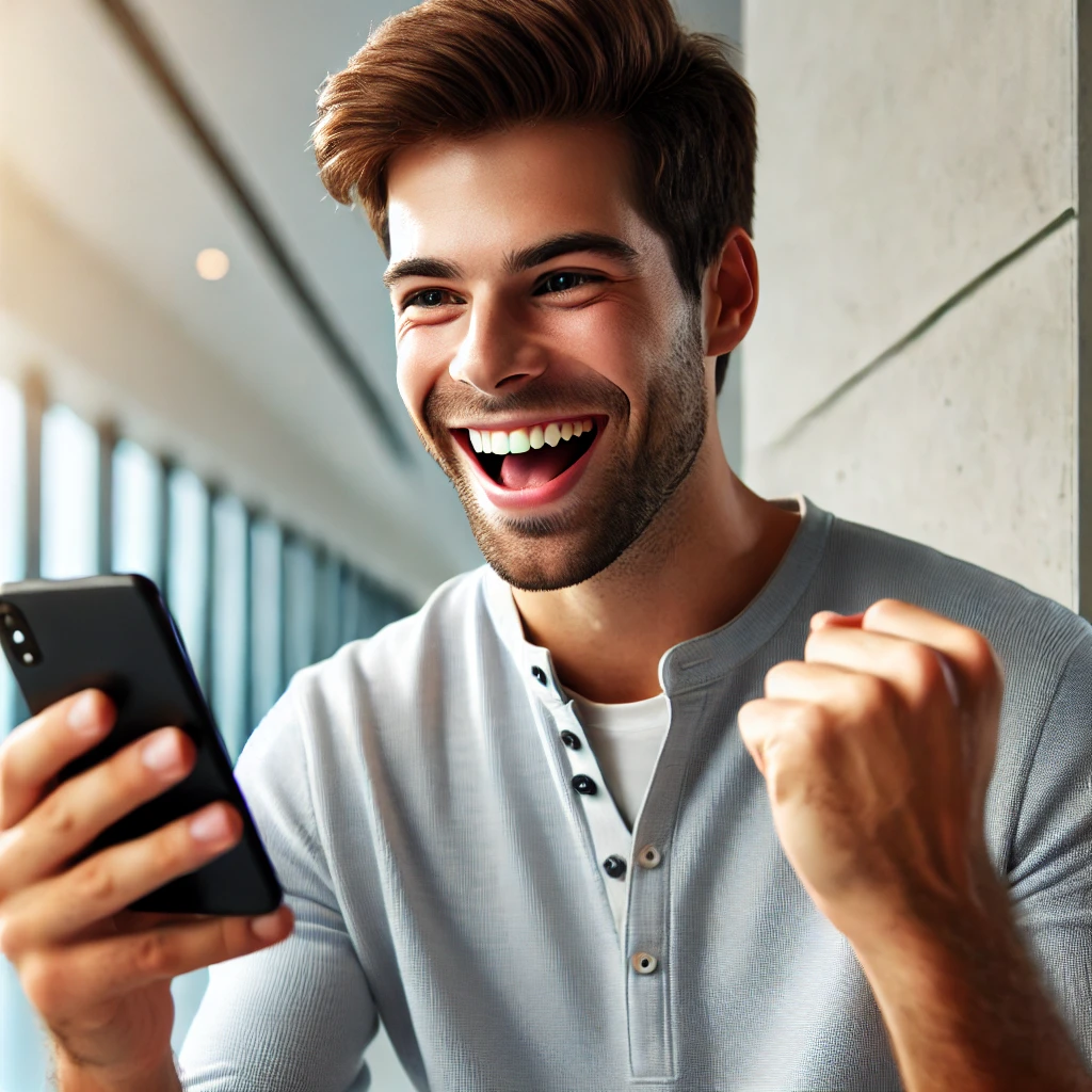 Happy man holding phone