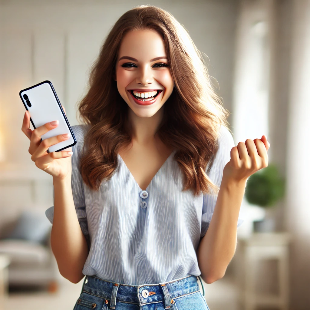Happy woman holding phone